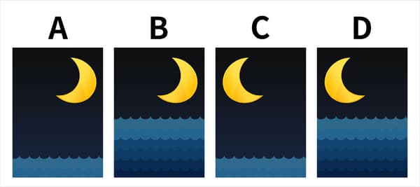 三日月の位置と海の水面をよく見て、気に入った絵を選んでください。